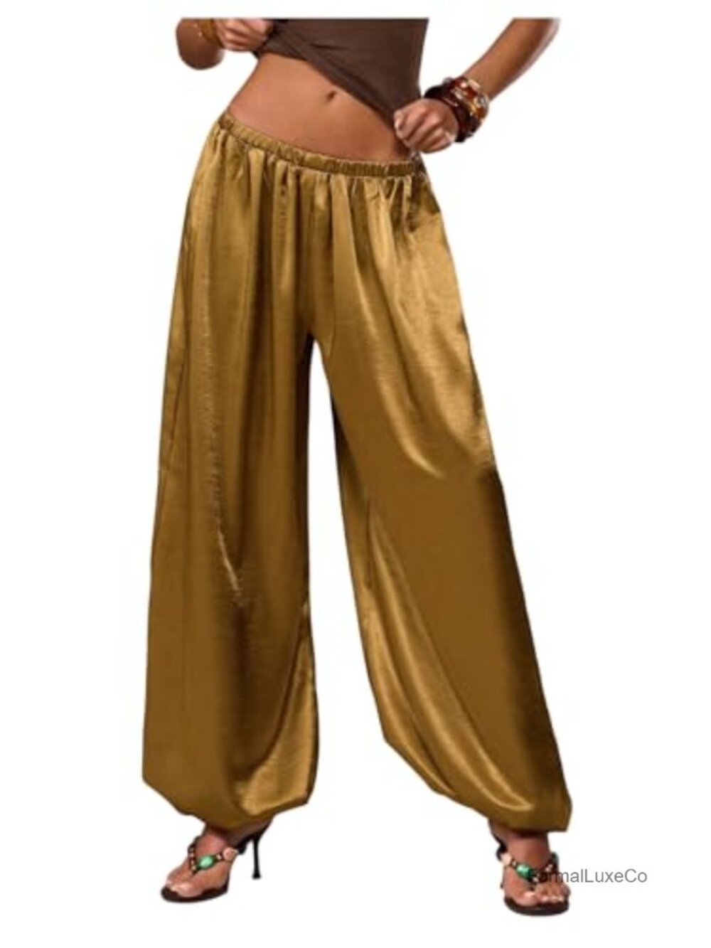 Satin Harem Palazzo Pants Flowy Wide Leg Elastic Waist Pull On